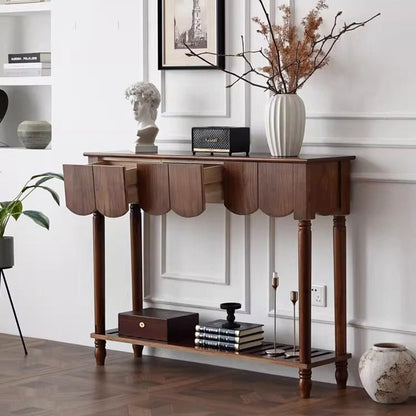 Modern Mid-Century Wavy-Edge Rectangular Solid Wood Console Table 2/3-Drawer For Entryway & Hallway