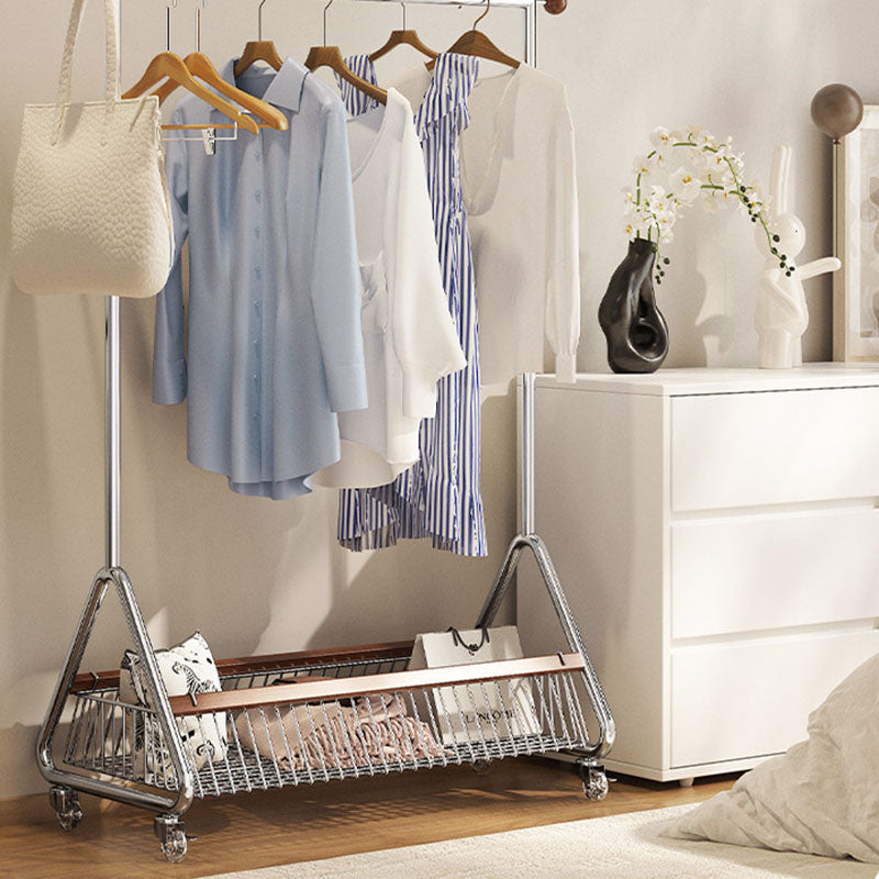 Traditional French Movable Carbon Steel Rubberwood Rectangular Hall Tree 1-Storage Basket For Bedroom