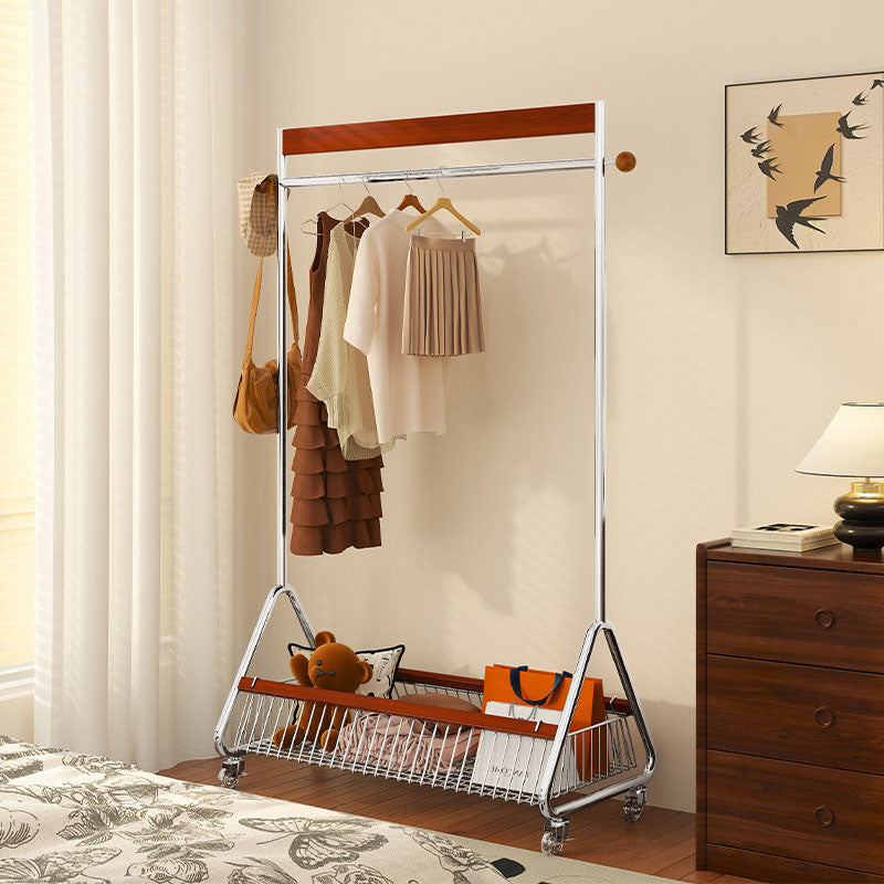 Traditional French Movable Carbon Steel Rubberwood Rectangular Hall Tree 1-Storage Basket For Bedroom