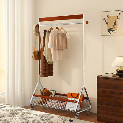 Traditional French Movable Carbon Steel Rubberwood Rectangular Hall Tree 1-Storage Basket For Bedroom