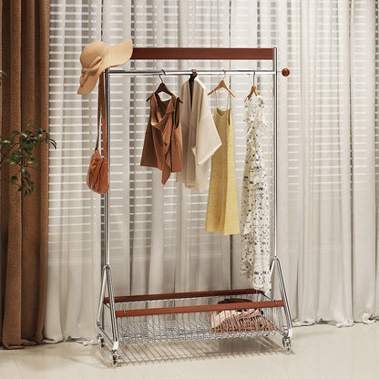 Traditional French Movable Carbon Steel Rubberwood Rectangular Hall Tree 1-Storage Basket For Bedroom