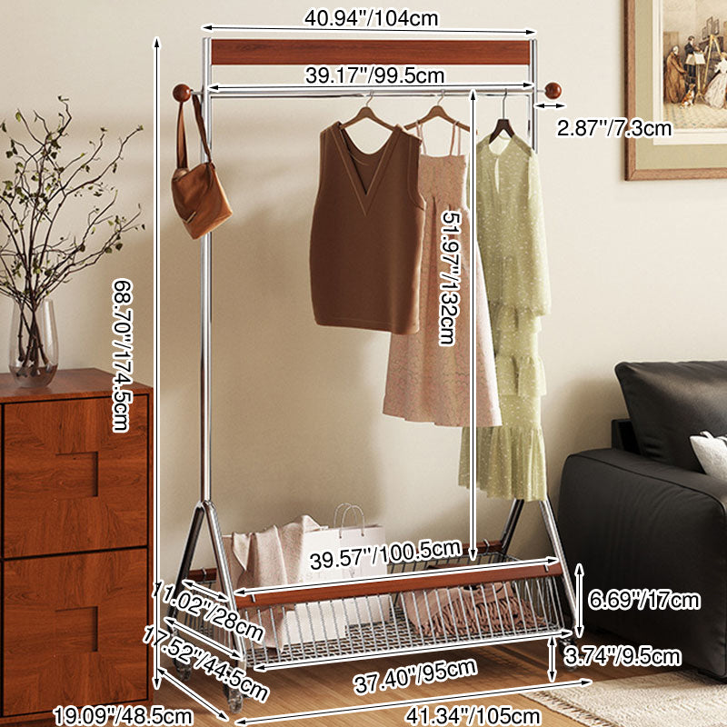 Traditional French Movable Carbon Steel Rubberwood Rectangular Hall Tree 1-Storage Basket For Bedroom