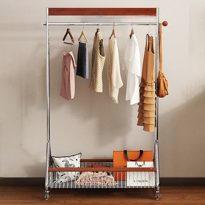 Traditional French Movable Carbon Steel Rubberwood Rectangular Hall Tree 1-Storage Basket For Bedroom