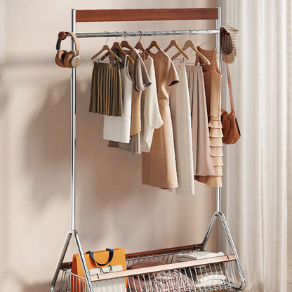 Traditional French Movable Carbon Steel Rubberwood Rectangular Hall Tree 1-Storage Basket For Bedroom