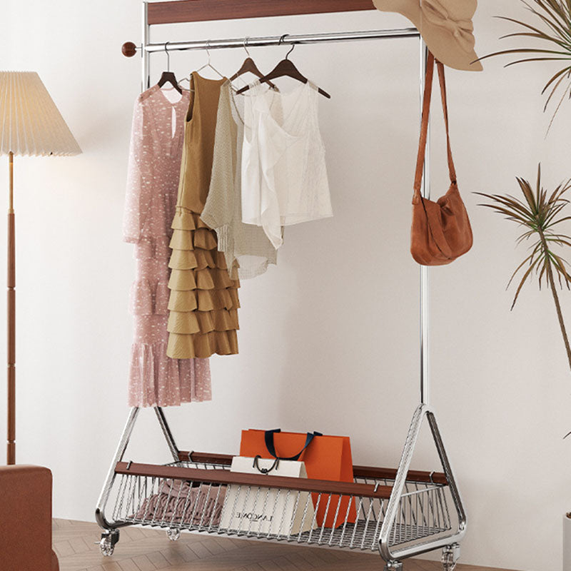 Traditional French Movable Carbon Steel Rubberwood Rectangular Hall Tree 1-Storage Basket For Bedroom