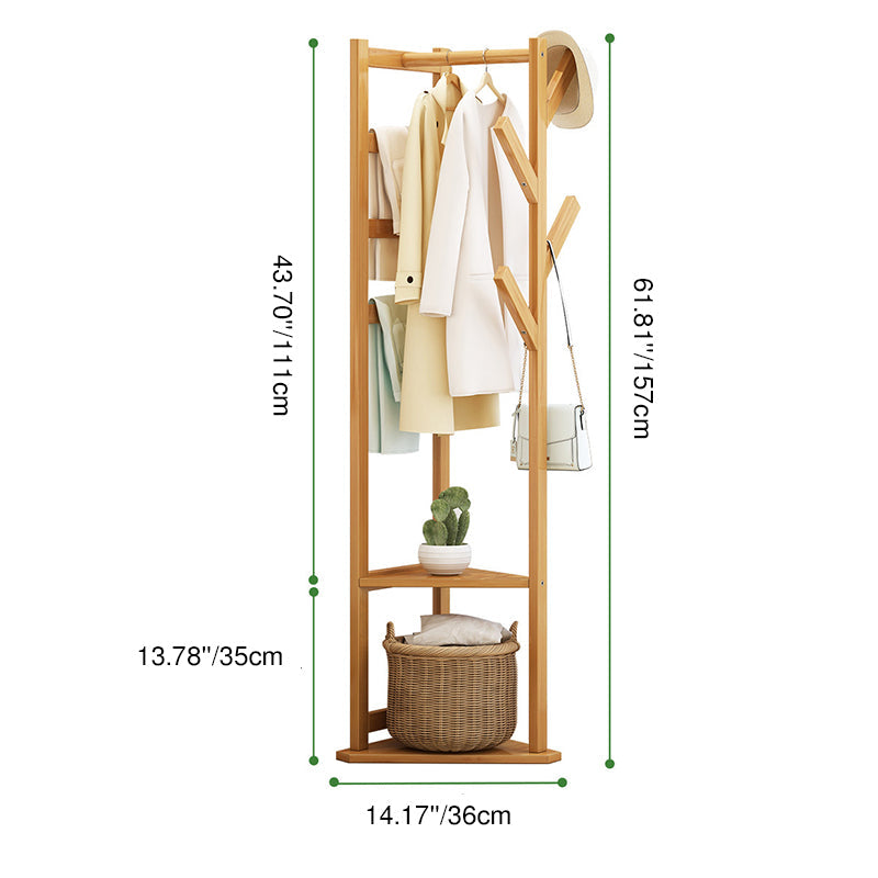 Traditional Japanese Tri-Branch Solid Bamboo Floor-Standing Hall Tree 2-Tier For Entryway & Hallway