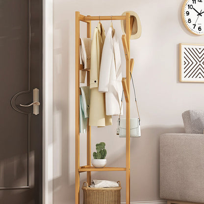 Traditional Japanese Tri-Branch Solid Bamboo Floor-Standing Hall Tree 2-Tier For Entryway & Hallway