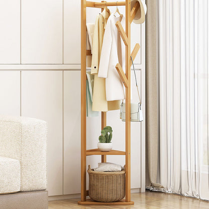 Traditional Japanese Tri-Branch Solid Bamboo Floor-Standing Hall Tree 2-Tier For Entryway & Hallway