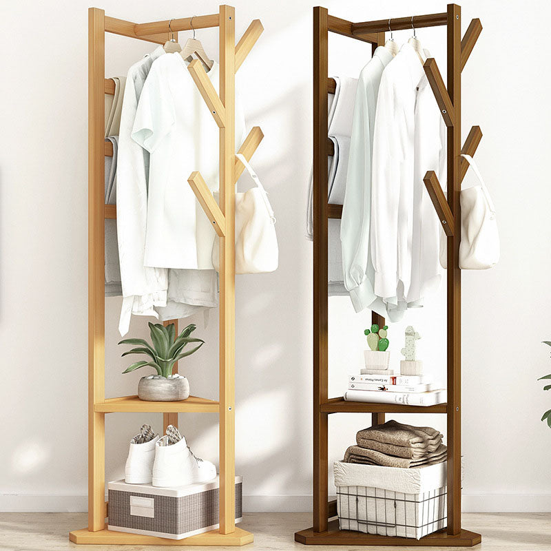 Traditional Japanese Tri-Branch Solid Bamboo Floor-Standing Hall Tree 2-Tier For Entryway & Hallway