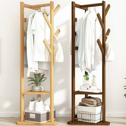 Traditional Japanese Tri-Branch Solid Bamboo Floor-Standing Hall Tree 2-Tier For Entryway & Hallway
