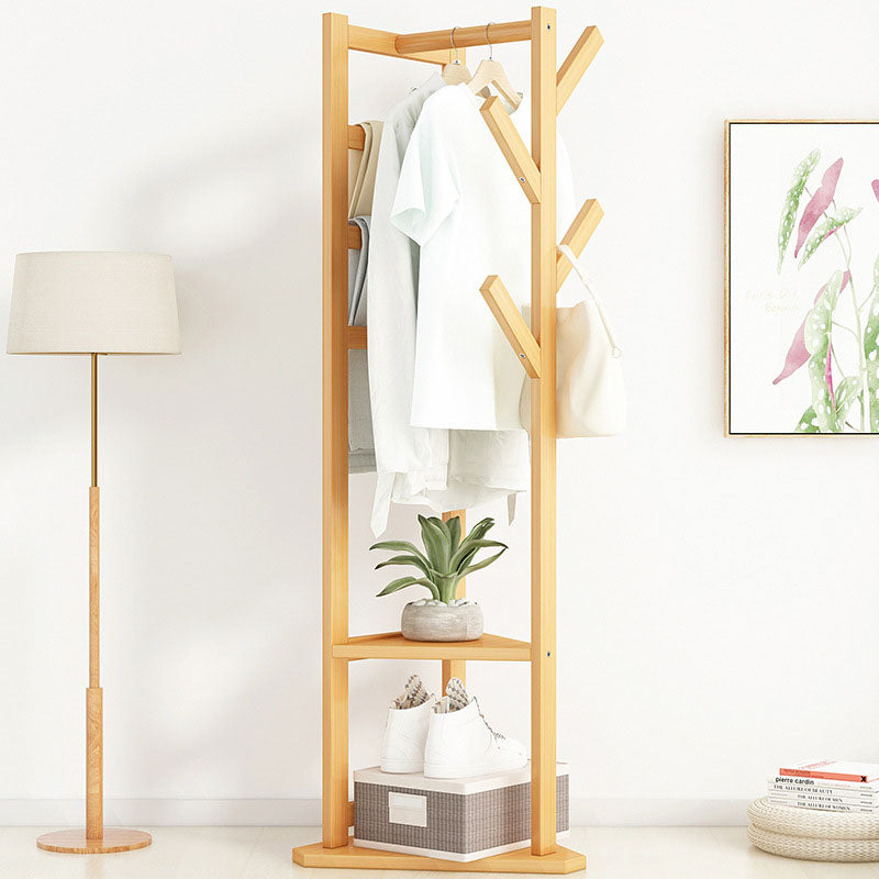 Traditional Japanese Tri-Branch Solid Bamboo Floor-Standing Hall Tree 2-Tier For Entryway & Hallway