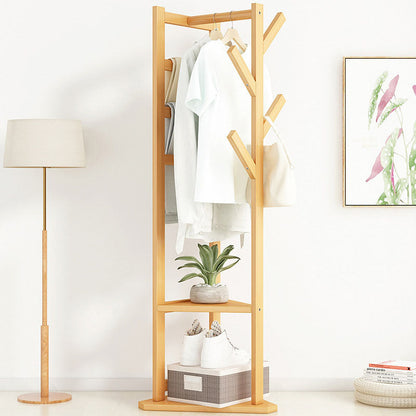 Traditional Japanese Tri-Branch Solid Bamboo Floor-Standing Hall Tree 2-Tier For Entryway & Hallway