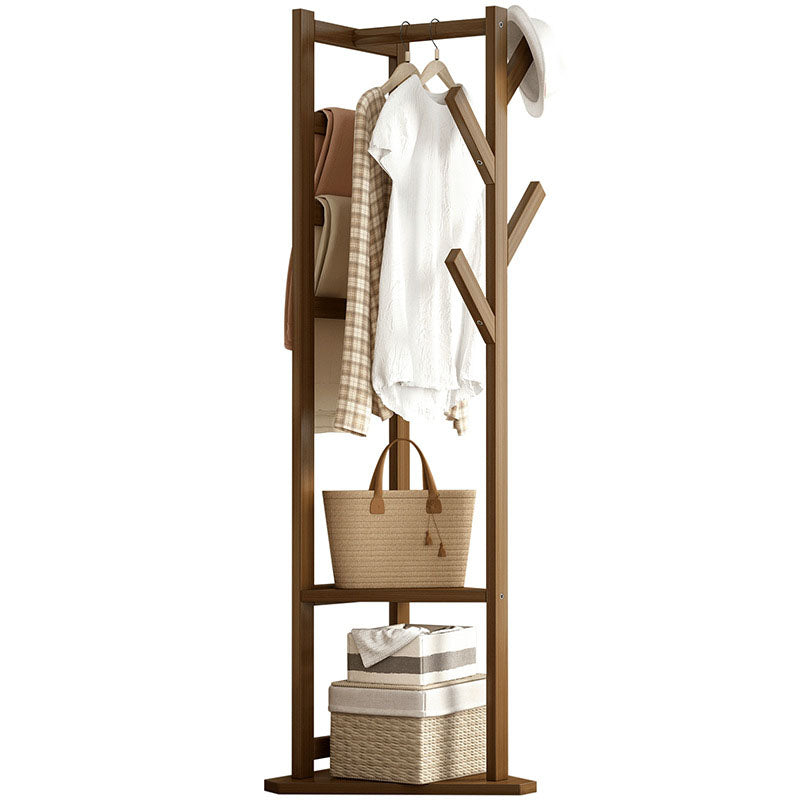 Traditional Japanese Tri-Branch Solid Bamboo Floor-Standing Hall Tree 2-Tier For Entryway & Hallway
