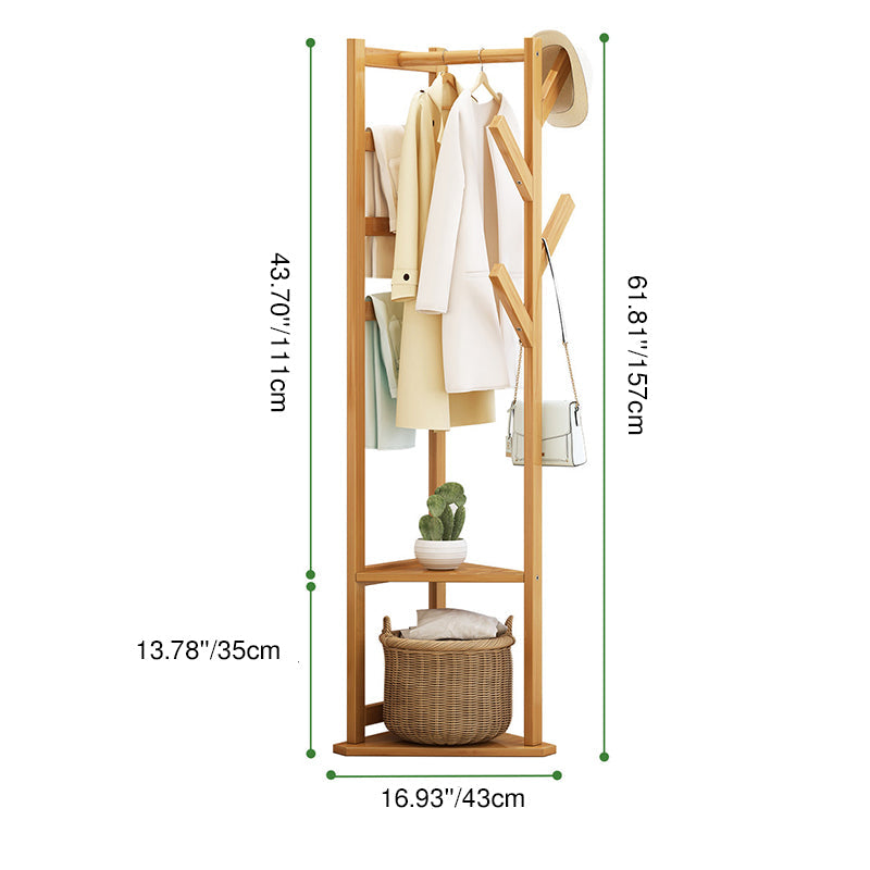 Traditional Japanese Tri-Branch Solid Bamboo Floor-Standing Hall Tree 2-Tier For Entryway & Hallway