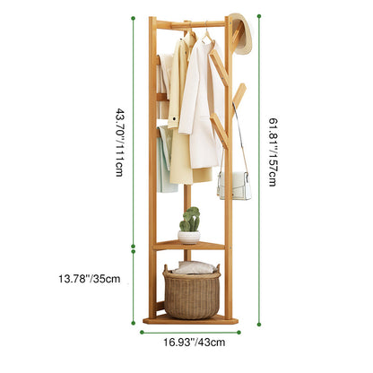 Traditional Japanese Tri-Branch Solid Bamboo Floor-Standing Hall Tree 2-Tier For Entryway & Hallway