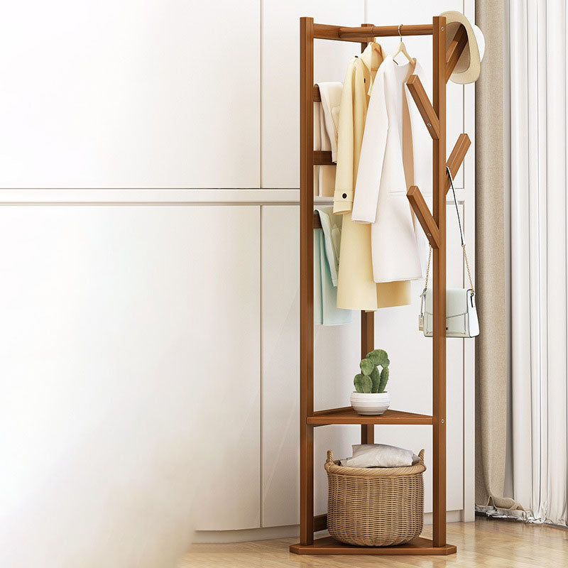 Traditional Japanese Tri-Branch Solid Bamboo Floor-Standing Hall Tree 2-Tier For Entryway & Hallway