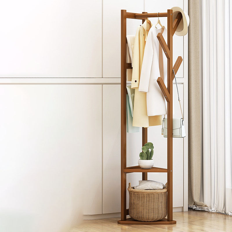 Traditional Japanese Tri-Branch Solid Bamboo Floor-Standing Hall Tree 2-Tier For Entryway & Hallway