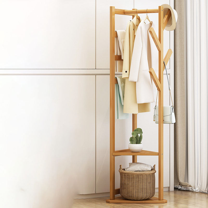 Traditional Japanese Tri-Branch Solid Bamboo Floor-Standing Hall Tree 2-Tier For Entryway & Hallway
