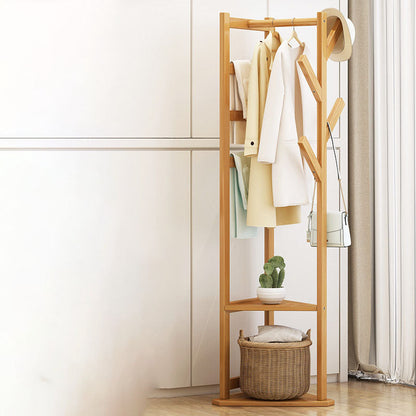 Traditional Japanese Tri-Branch Solid Bamboo Floor-Standing Hall Tree 2-Tier For Entryway & Hallway