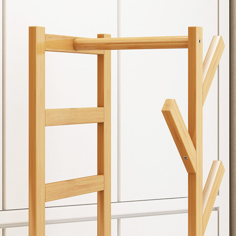 Traditional Japanese Tri-Branch Solid Bamboo Floor-Standing Hall Tree 2-Tier For Entryway & Hallway