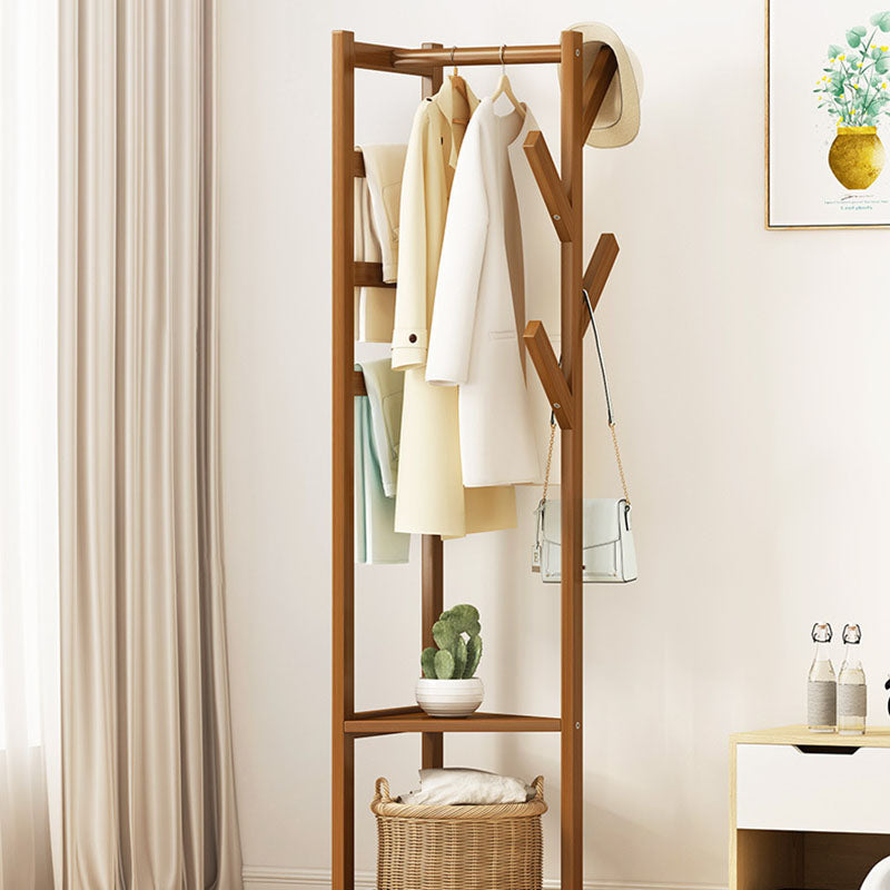 Traditional Japanese Tri-Branch Solid Bamboo Floor-Standing Hall Tree 2-Tier For Entryway & Hallway