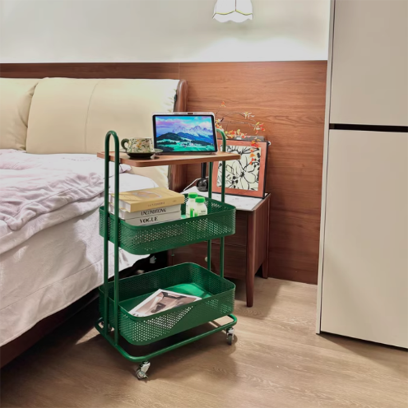 Contemporary Industrial Rectangular Iron PVC Panel Movable Storage Shelf 3-Tier For Living Room & Bedroom