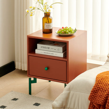 Contemporary Nordic Rectangular MDF Carbon Steel Nightstand With 1/2-Drawer For Bedroom