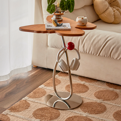 Modern Art Deco Butterfly Cherry Wood Stainless Steel End Table 1-Tier For Living Room