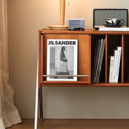 Modern Mid-Century Rectangular Pine Wood & Plywood Stainless Steel Storage Cabinet 2-Tier Design For Living Room