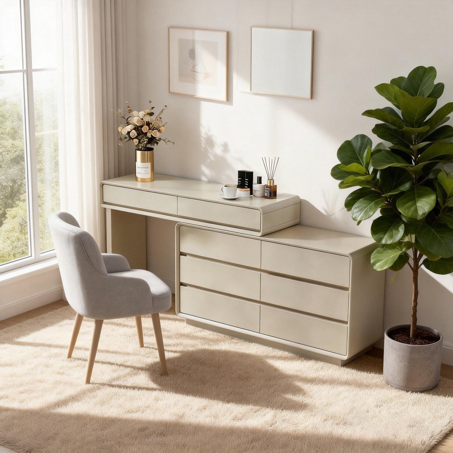 Space-Saving Extendable Dressing Table - MDF Countertop & Particle Board Drawers Makeup Vanity For Bedroom
