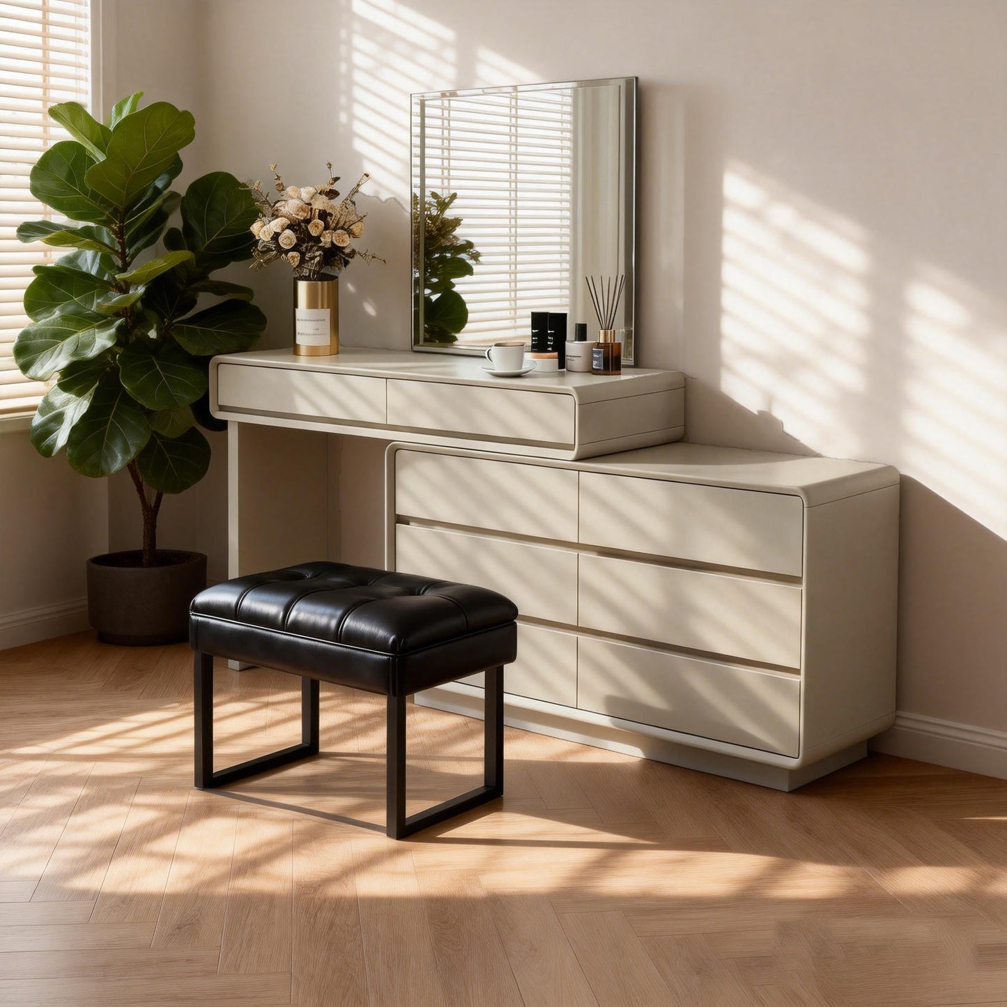 Space-Saving Extendable Dressing Table - MDF Countertop & Particle Board Drawers Makeup Vanity For Bedroom