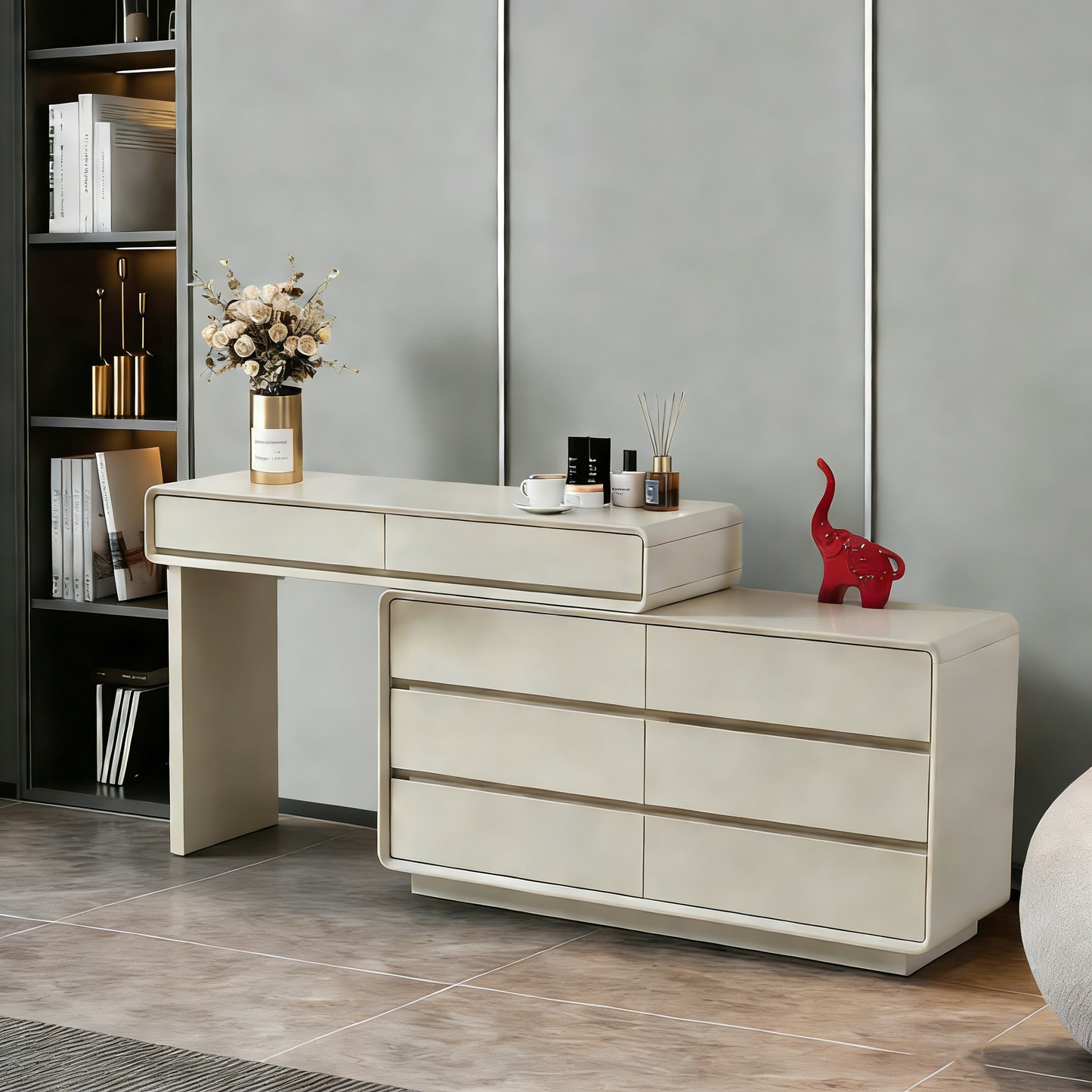 Space-Saving Extendable Dressing Table - MDF Countertop & Particle Board Drawers Makeup Vanity For Bedroom