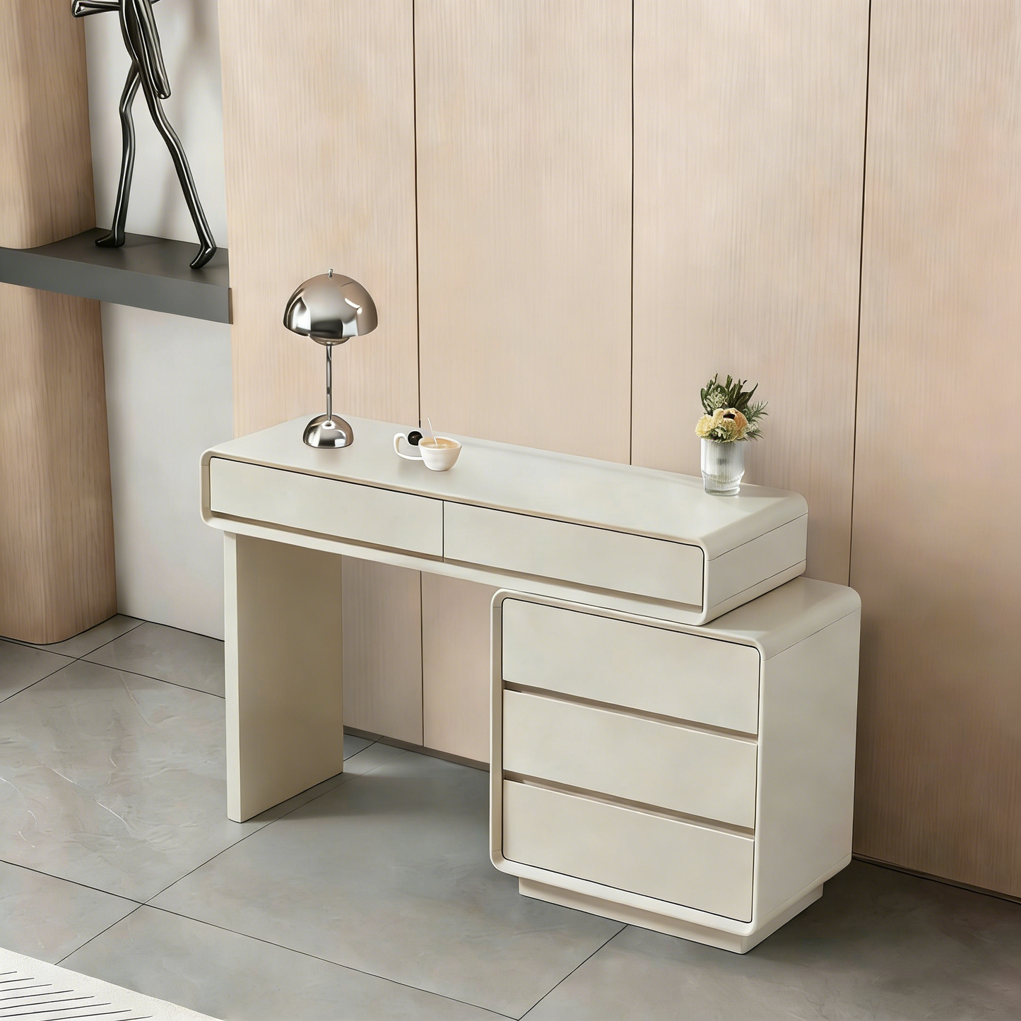Contemporary Nordic Extendable Makeup Vanity - 5-Drawer High-Density MDF Particle Board Dressing Table For Bedroom