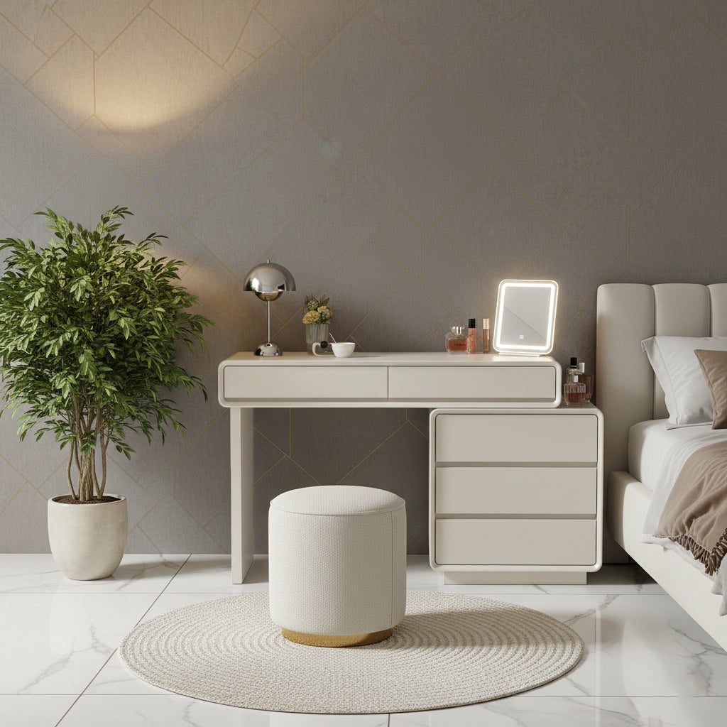 Contemporary Nordic Extendable Makeup Vanity - 5-Drawer High-Density MDF Particle Board Dressing Table For Bedroom