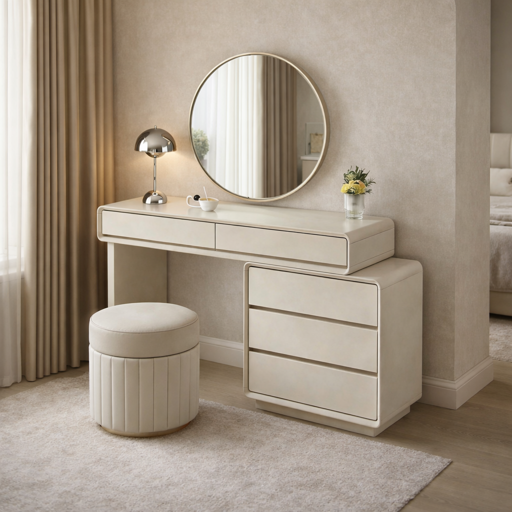 Contemporary Nordic Extendable Makeup Vanity - 5-Drawer High-Density MDF Particle Board Dressing Table For Bedroom