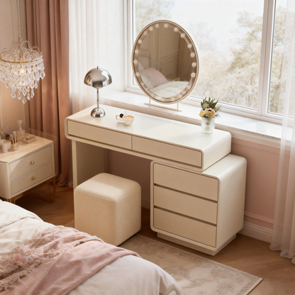 Contemporary Nordic Extendable Makeup Vanity - 5-Drawer High-Density MDF Particle Board Dressing Table For Bedroom