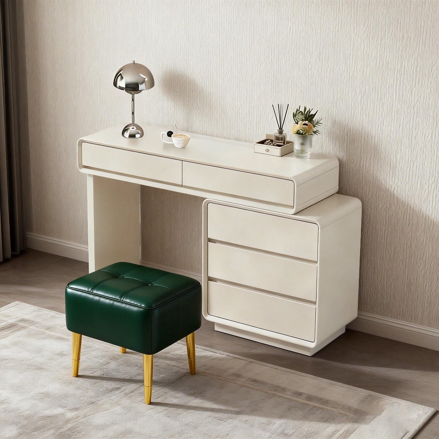 Contemporary Nordic Extendable Makeup Vanity - 5-Drawer High-Density MDF Particle Board Dressing Table For Bedroom