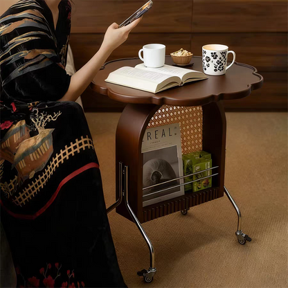 Traditional French Petal Arch Rubberwood Stainless Steel PE Rattan Weaving Movable End Table 2-Tier For Living Room