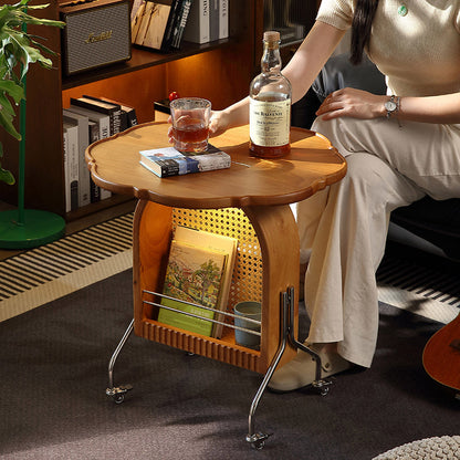 Traditional French Petal Arch Rubberwood Stainless Steel PE Rattan Weaving Movable End Table 2-Tier For Living Room