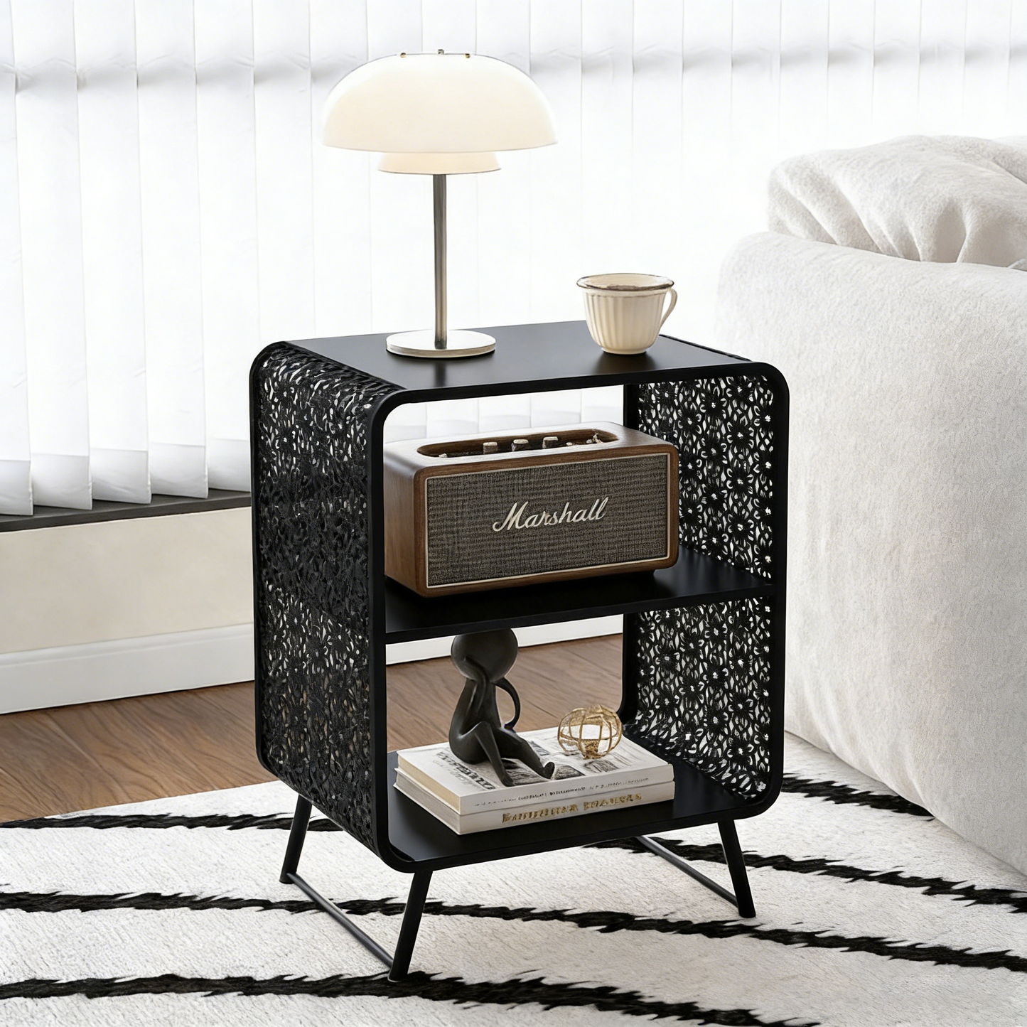 Contemporary Industrial Rounded Rectangle Iron Lightweight Hollowed-Out Petal Pattern End Table 2-Tier For Living Room