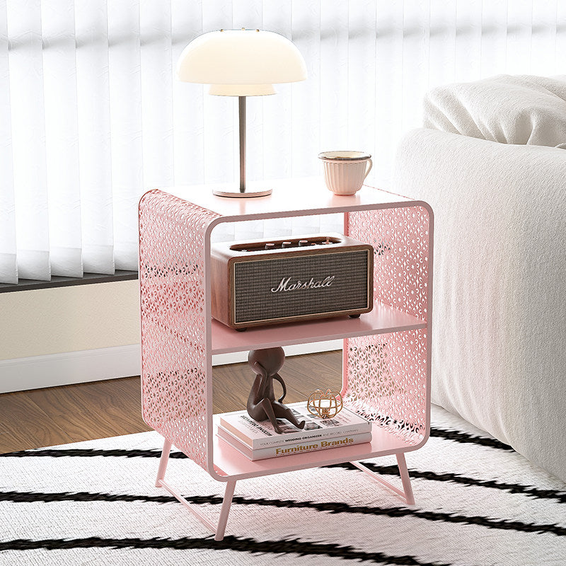 Contemporary Industrial Rounded Rectangle Iron Lightweight Hollowed-Out Petal Pattern End Table 2-Tier For Living Room