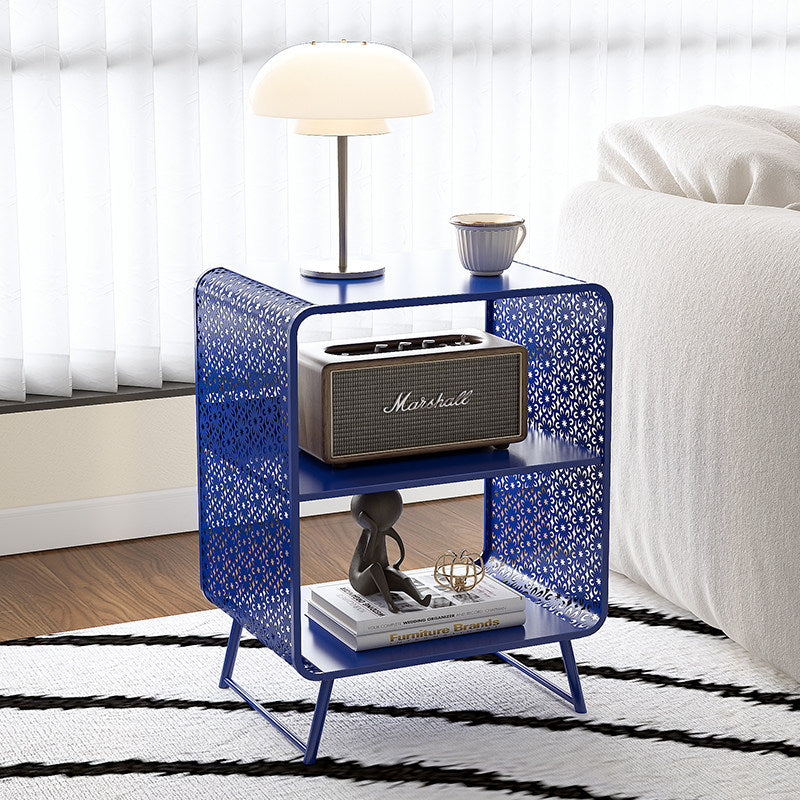 Contemporary Industrial Rounded Rectangle Iron Lightweight Hollowed-Out Petal Pattern End Table 2-Tier For Living Room