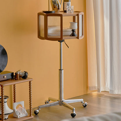 Traditional French Petal Cherry Wood Stainless Steel Striped Glass Liftable Movable Side Table 2-Layer For Living Room