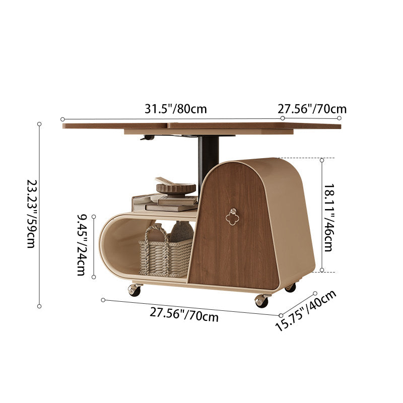 Traditional French Curved Rectangular Rubberwood Carbon Steel Movable Extendable Coffee Table 1-Drawer For Living Room