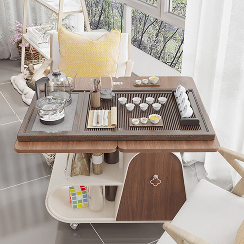 Traditional French Curved Rectangular Rubberwood Carbon Steel Movable Extendable Coffee Table 1-Drawer For Living Room