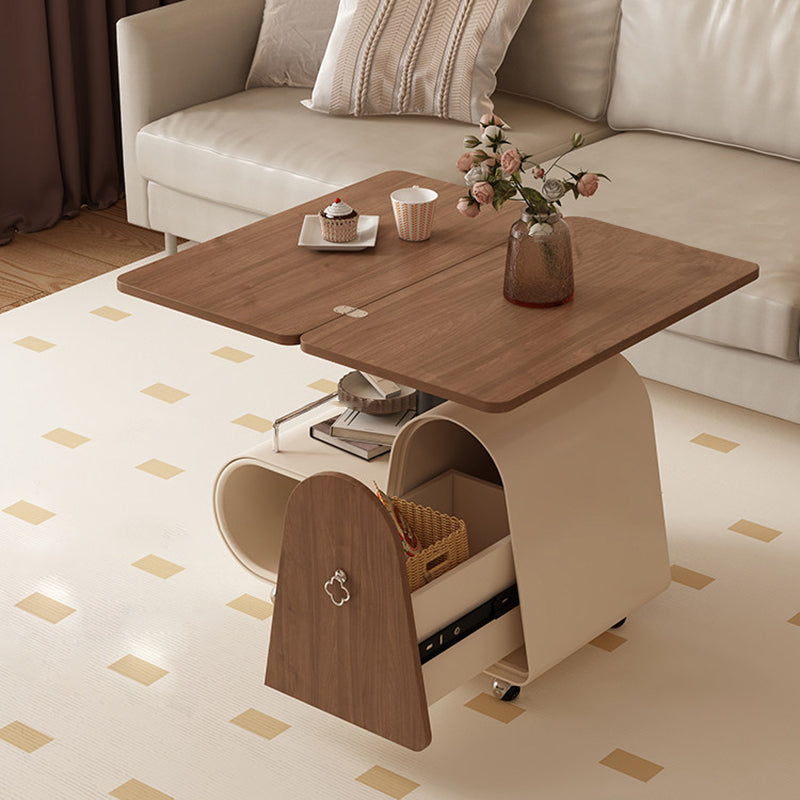 Traditional French Curved Rectangular Rubberwood Carbon Steel Movable Extendable Coffee Table 1-Drawer For Living Room