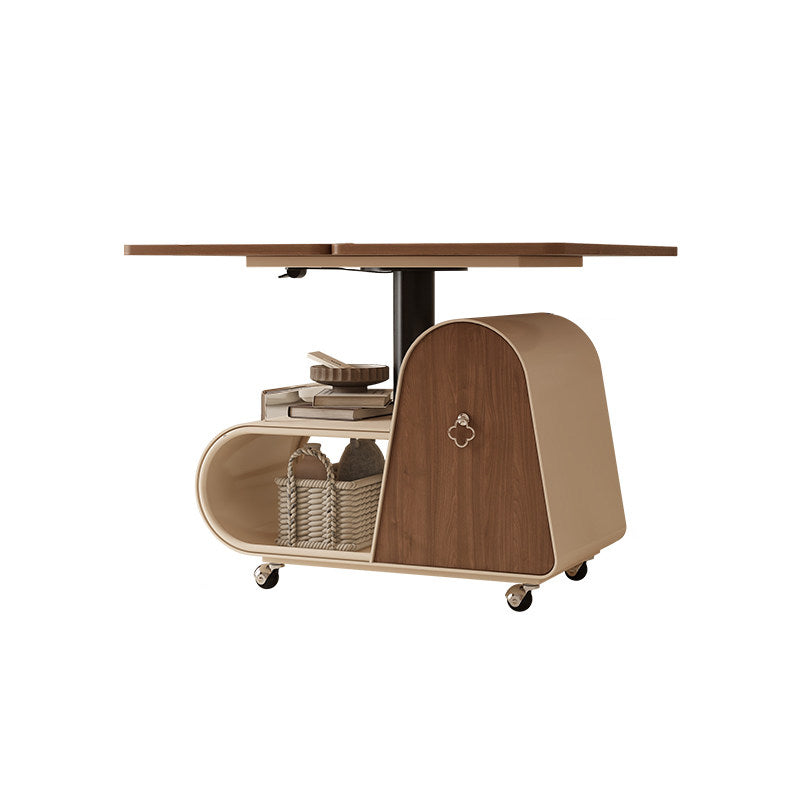 Traditional French Curved Rectangular Rubberwood Carbon Steel Movable Extendable Coffee Table 1-Drawer For Living Room