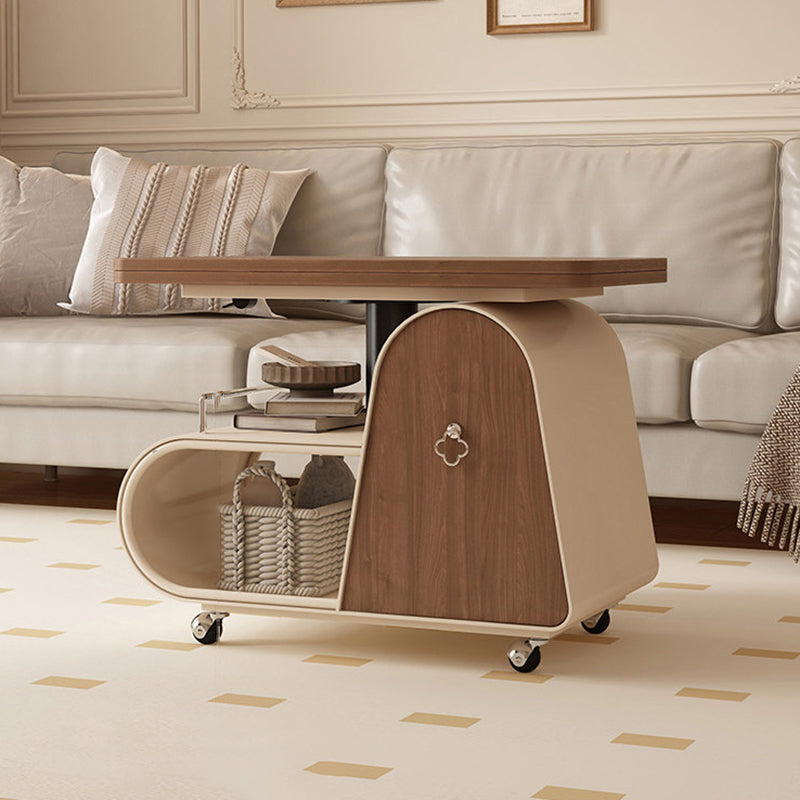 Traditional French Curved Rectangular Rubberwood Carbon Steel Movable Extendable Coffee Table 1-Drawer For Living Room