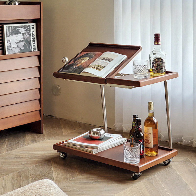Contemporary Retro Rectangular Rubberwood Iron Movable Adjustable End Table 2-Tier For Living Room