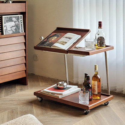 Contemporary Retro Rectangular Rubberwood Iron Movable Adjustable End Table 2-Tier For Living Room